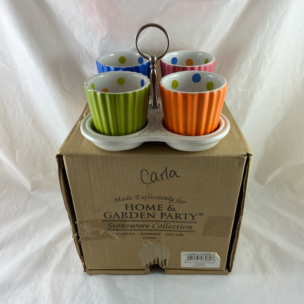 Home and Garden Party Stoneware Caddy With 4 Polka Dot cups Summer Brights READ